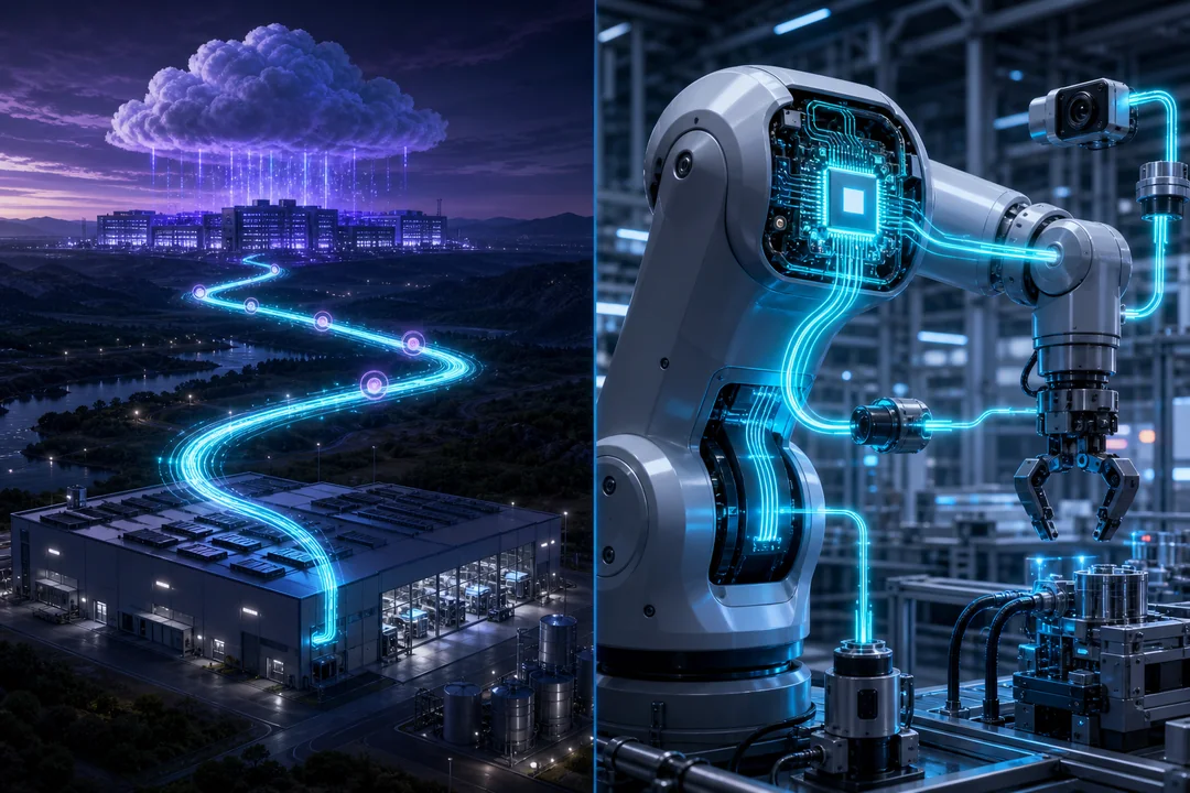 Split view comparing a distant cloud data center with a local edge AI server embedded in a robotic arm.