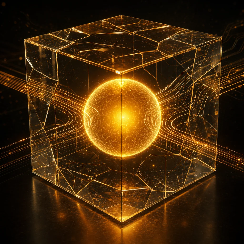 Abstract golden sphere glowing securely inside a fragmented glass cube, representing a trusted execution environment.