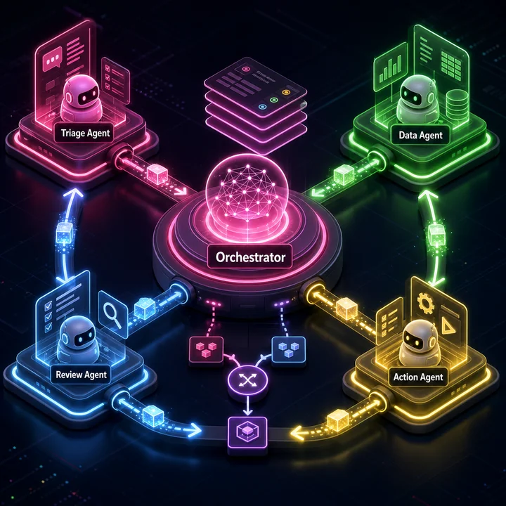 Isometric flowchart showing a central orchestrator node directing tasks to four specialized AI agent nodes.