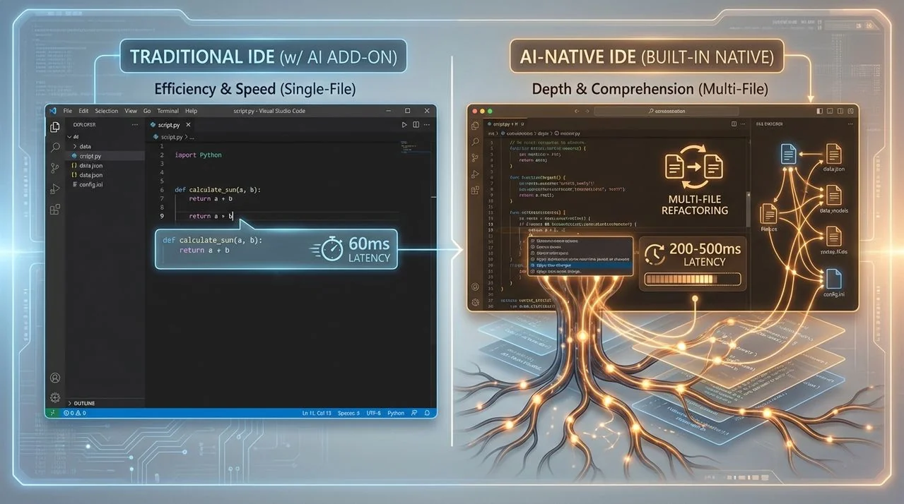 Split diagram comparing AI extension layer on traditional IDE versus deeply integrated AI-native IDE architecture