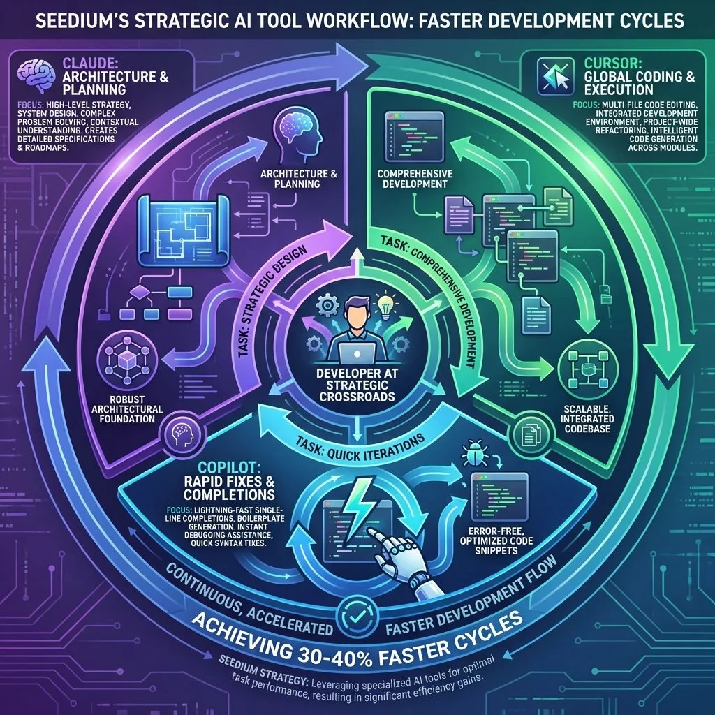 Circular workflow showing three AI tools matched to specific development tasks with connecting decision paths