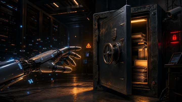 Robotic hand reaching toward open vault in server room with warning lights