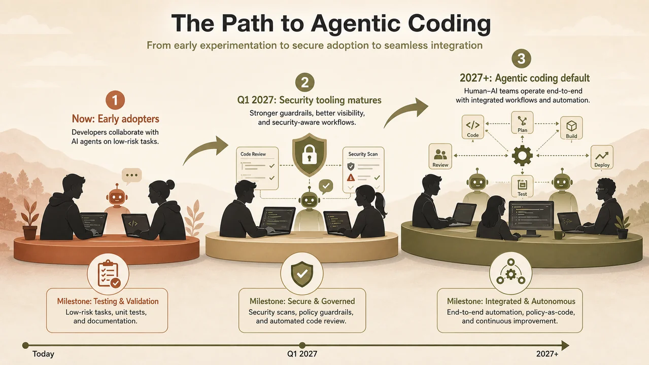 Timeline showing three phases of AI coding agent adoption from 2026 to 2027