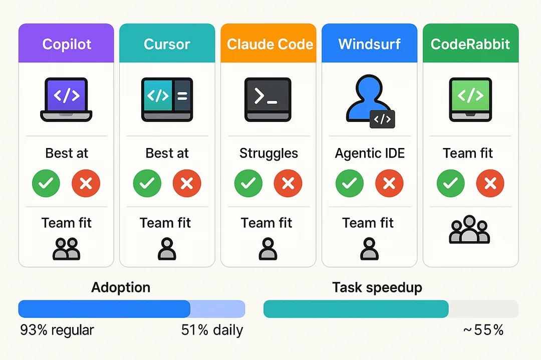 Five tool cards comparing Copilot, Cursor, Claude Code, Windsurf, and CodeRabbit with small adoption and speed charts