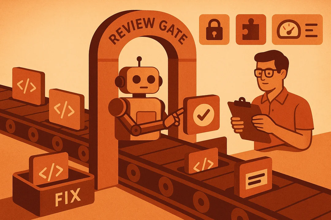 Conveyor of AI code passing through a PR review gate with lock, schema, logs, and secret-redaction symbols