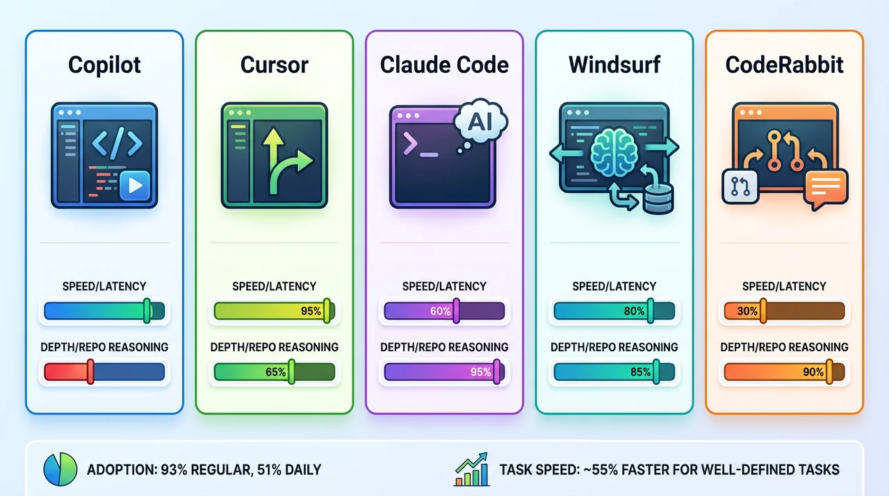 Five-panel comparison board of Copilot, Cursor, Claude Code, Windsurf, and CodeRabbit with speed and depth meters