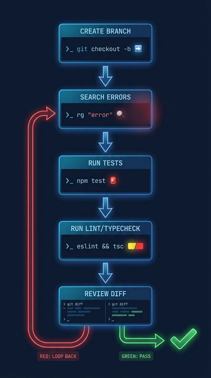 Terminal workflow loop: branch, search, test, lint, diff, repeat until a green check appears