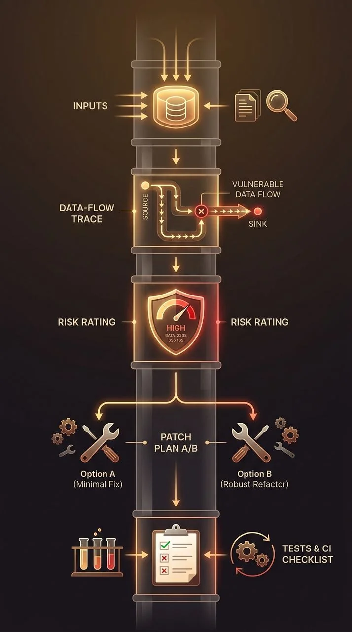 Verticale flow van repo-inputs naar dataflow-trace, risicoscore, patchplan A/B en daarna tests en CI-checklist