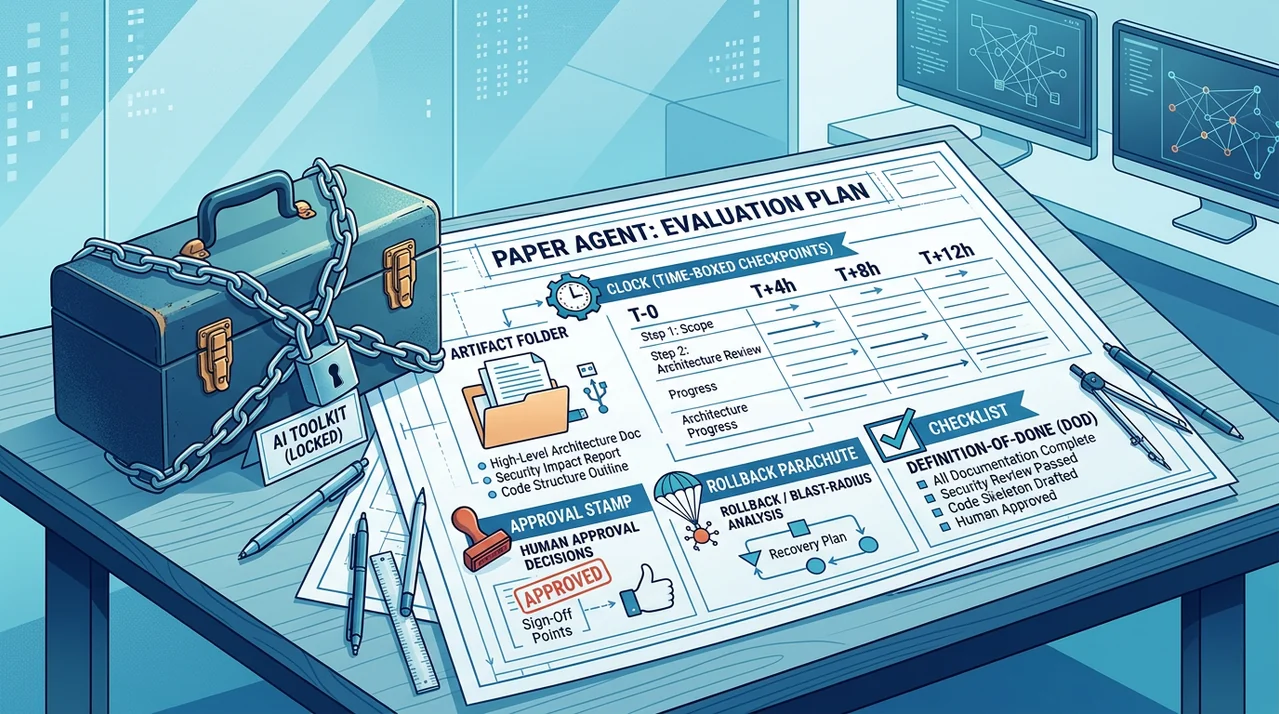 Blauwdrukplan op bureau met checkpoint-klok, artifact-map, goedkeuringsstempel, rollback-icoon en vergrendelde toolbox