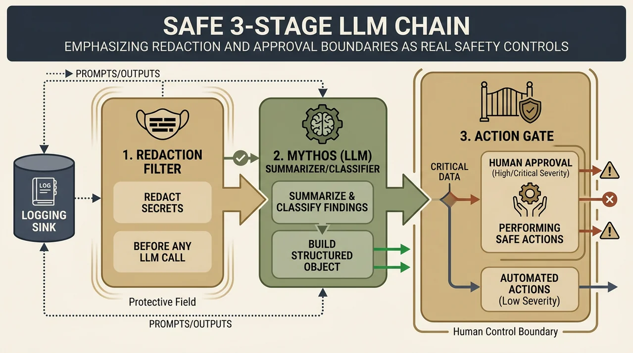 Driestapsdiagram: redactiefilter naar LLM-classificatie naar menselijke goedkeuringspoort, met logging-sink ernaast