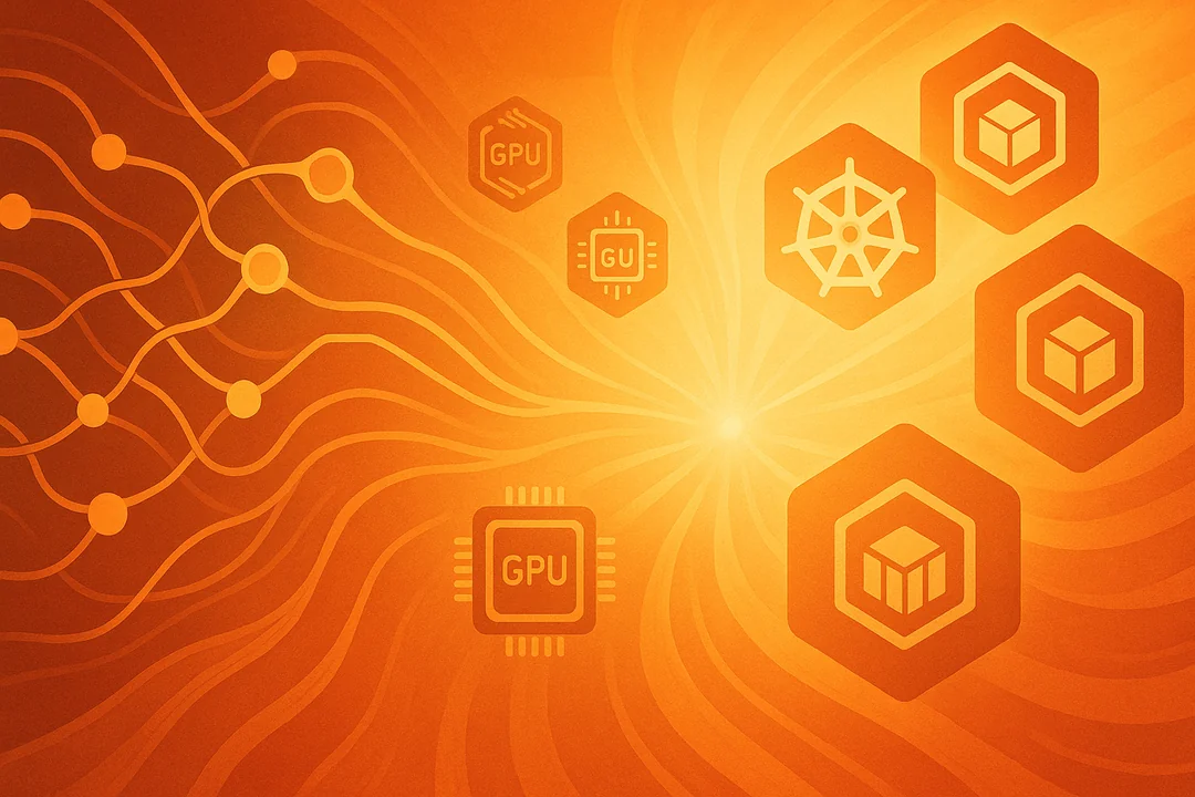 Neurale netwerkknopen die samensmelten met Kubernetes-containers in warme goudtinten als symbool voor AI-infrastructuurconvergentie