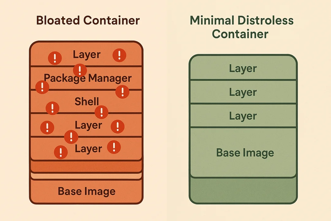 Vergelijking tussen opgeblazen container met kwetsbaarheden en minimale distroless container