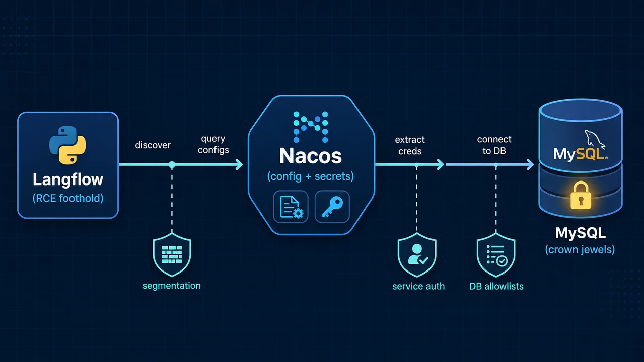 Flow diagram: Langflow RCE foothold pivots to Nacos config hub, then connects to MySQL database