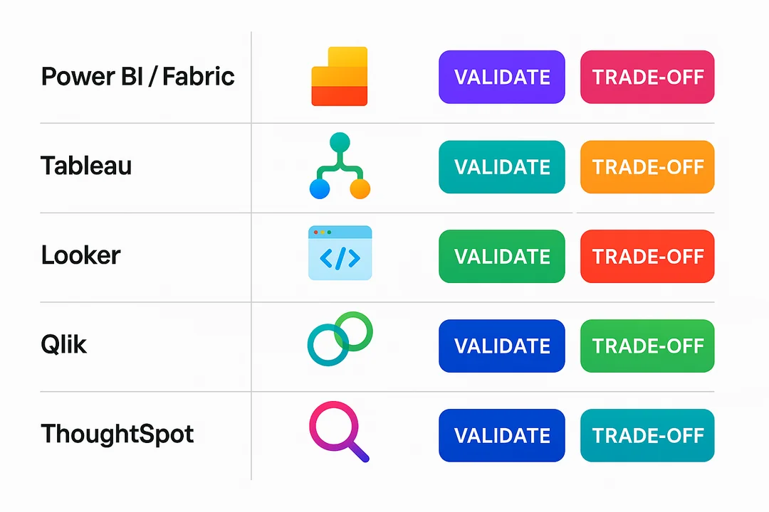 Five-column matrix comparing BI Leaders by decision pattern, POC differentiator, and trade-off