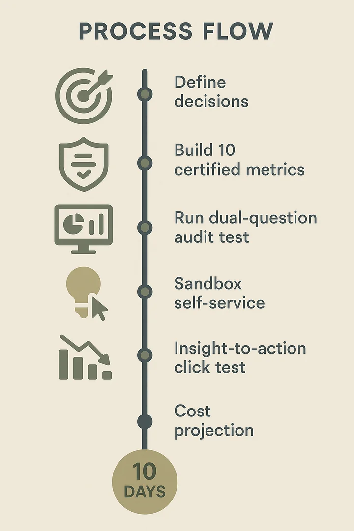 Vertical 10-day BI POC timeline with checkpoints for semantics, auditability, performance, action, and cost