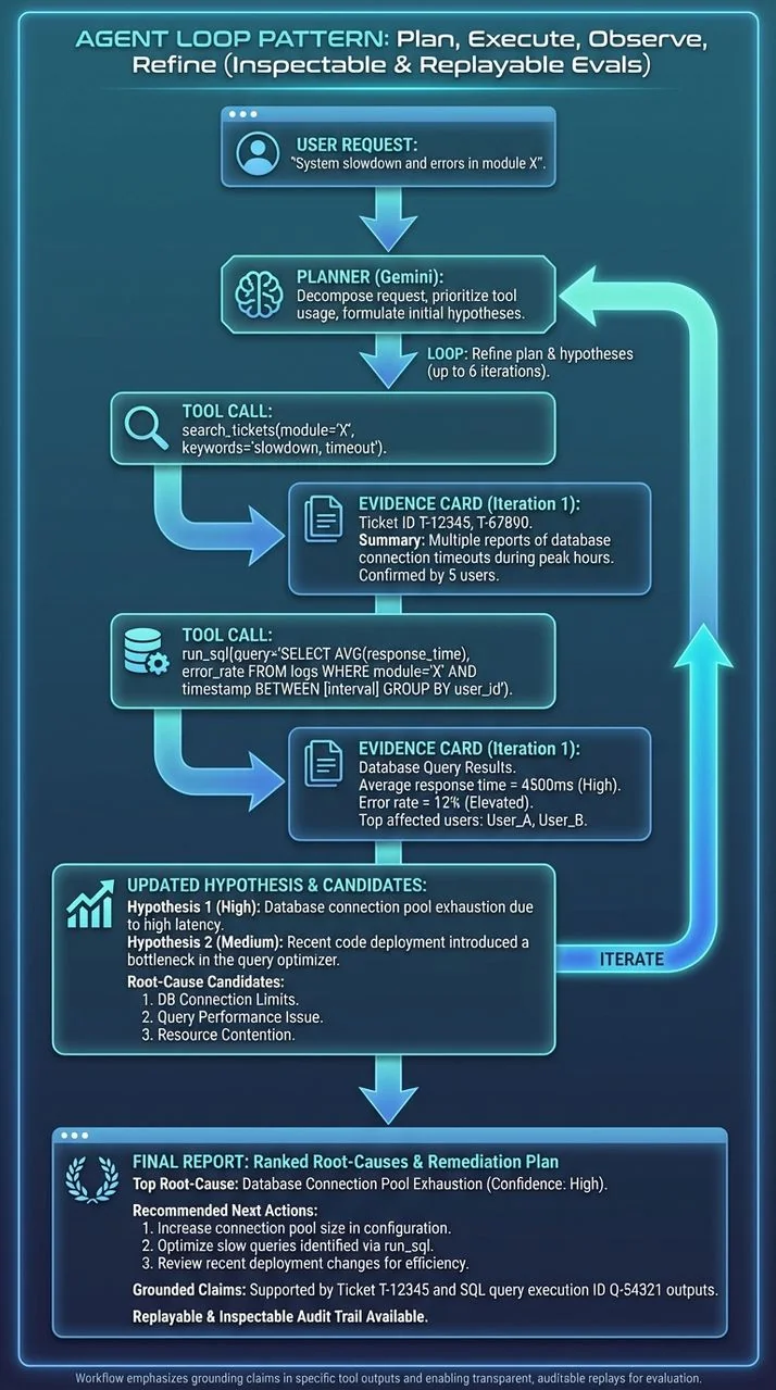 مخطط تدفّق لحلقة وكيل: تخطيط ثم استدعاء أدوات بحث التذاكر وSQL ثم ملاحظة الأدلة فتنقيح فالنتيجة
