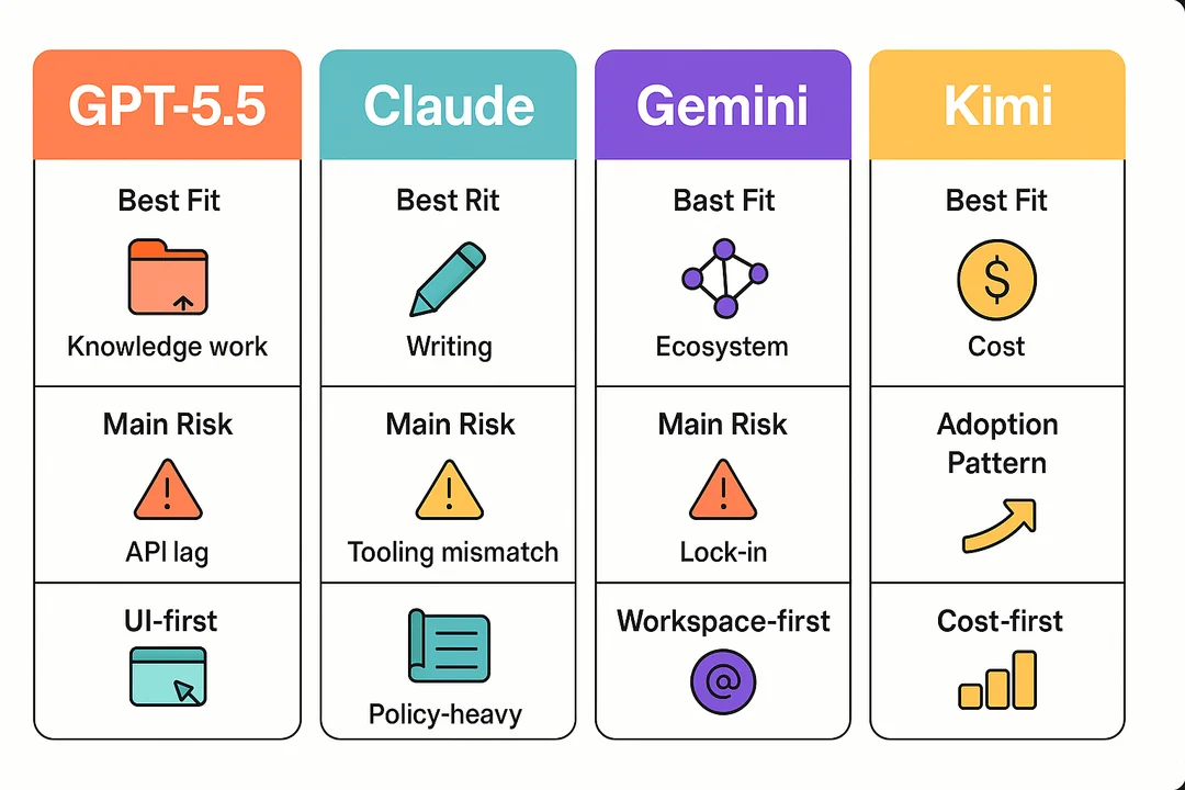 Four-column model comparison cards showing best fit, main risk, and adoption pattern for GPT-5.5, Claude, Gemini, and Kimi