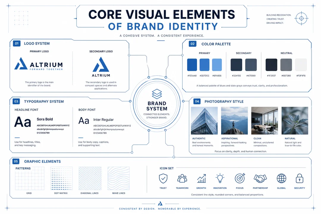 Gelabeld diagram met merkidentiteitscomponenten: logo's, kleurstalen, typografie en iconen als modulair systeem
