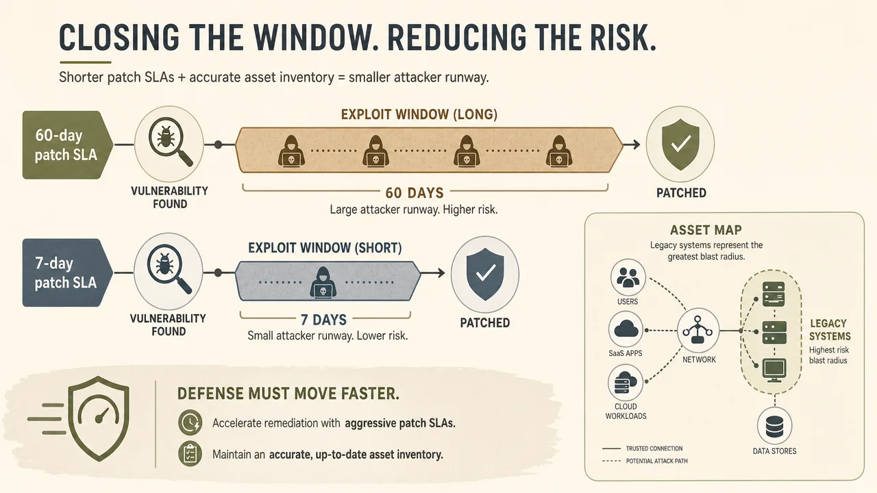 Infographic met patch-SLA 60 dagen vs 7 dagen en legacy-systemen als grootste blast radius