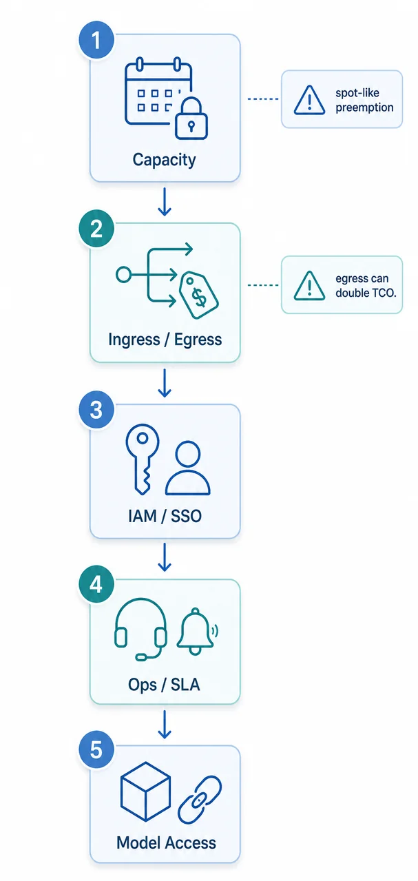 Five-step flowchart of vendor evaluation: capacity, networking, IAM, ops/SLA, and model access lock-in