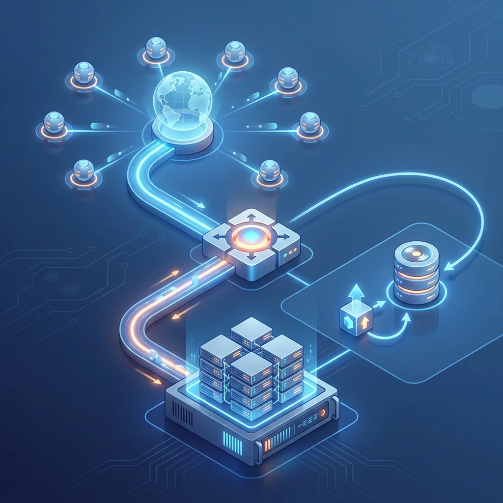 موجّه يقسم المسارات إلى نقاط حافة للزيارات العامة وعنقود Node للوحة الإدارة والاعتماديات الثقيلة