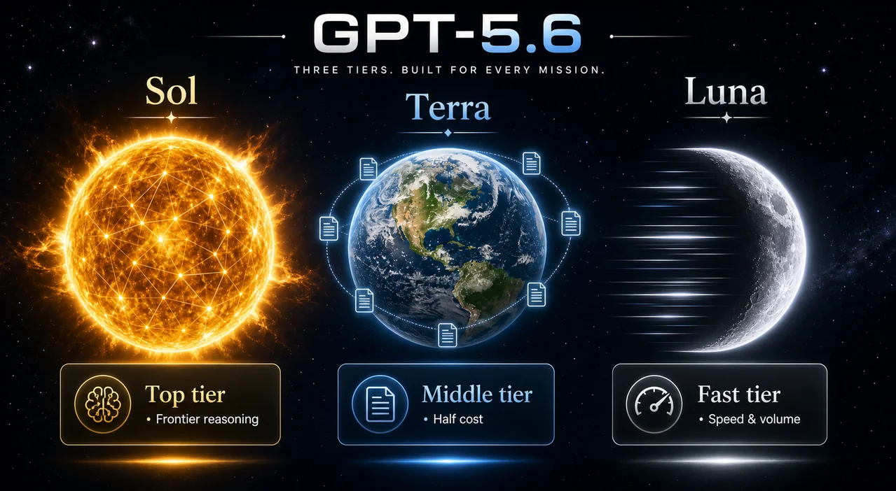 Three celestial bodies representing GPT-5.6 tiers: golden sun for Sol, Earth for Terra, silver moon for Luna