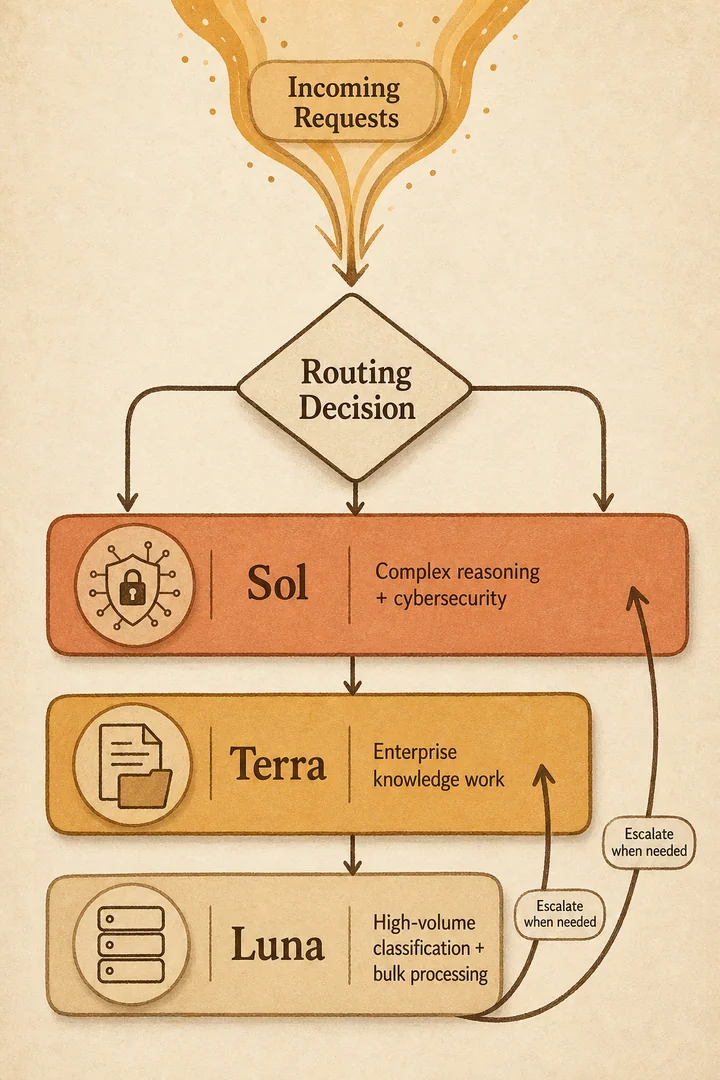Flowchart showing request routing: complex tasks to Sol, standard work to Terra, bulk processing to Luna