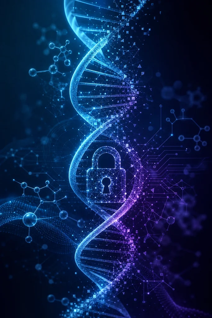 Abstract DNA helix with molecular structures and neural patterns in cyan and purple tones