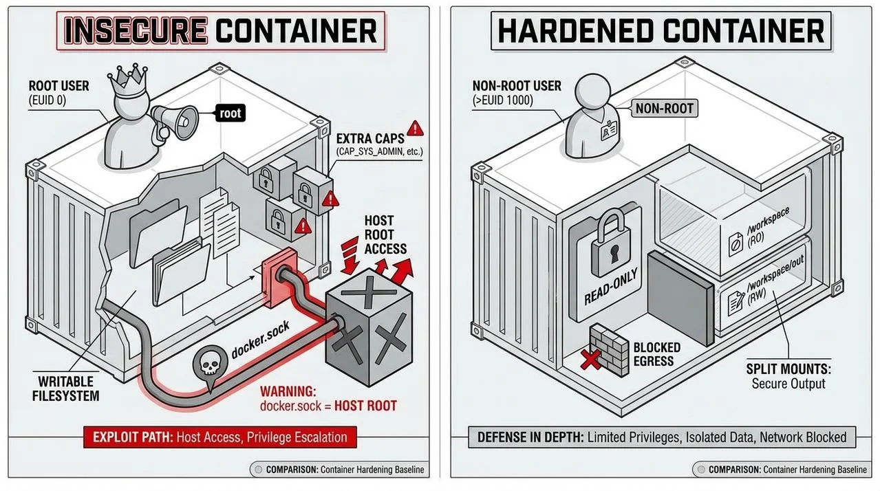Vergelijking: onveilige container met docker.sock en schrijfbare root versus gehard met non-root, read-only en gesplitste mounts