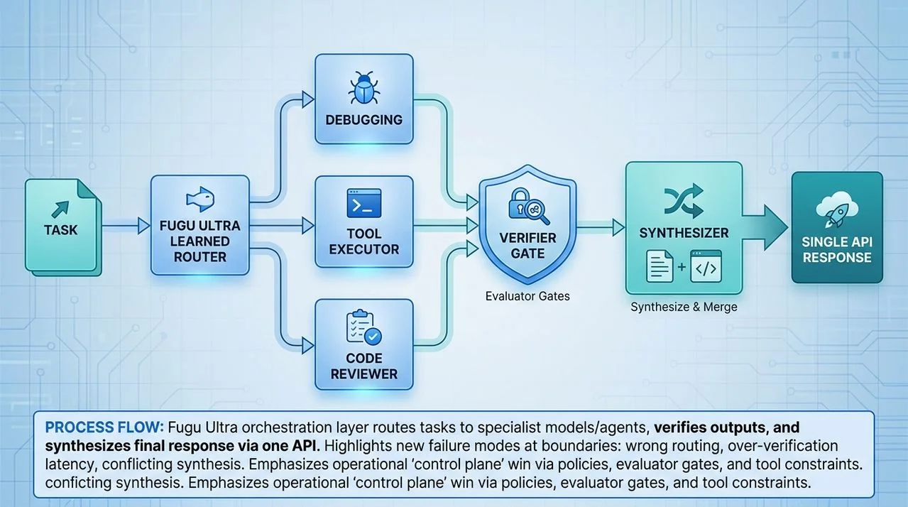 Flow diagram of a learned router sending tasks to specialists, then verification and synthesis into one API response