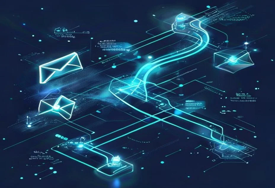مخطط أتمتة يوضح تدفق البريد الإلكتروني عبر تصنيف الذكاء الاصطناعي المحلي إلى فروع عاجل وروتيني ومزعج