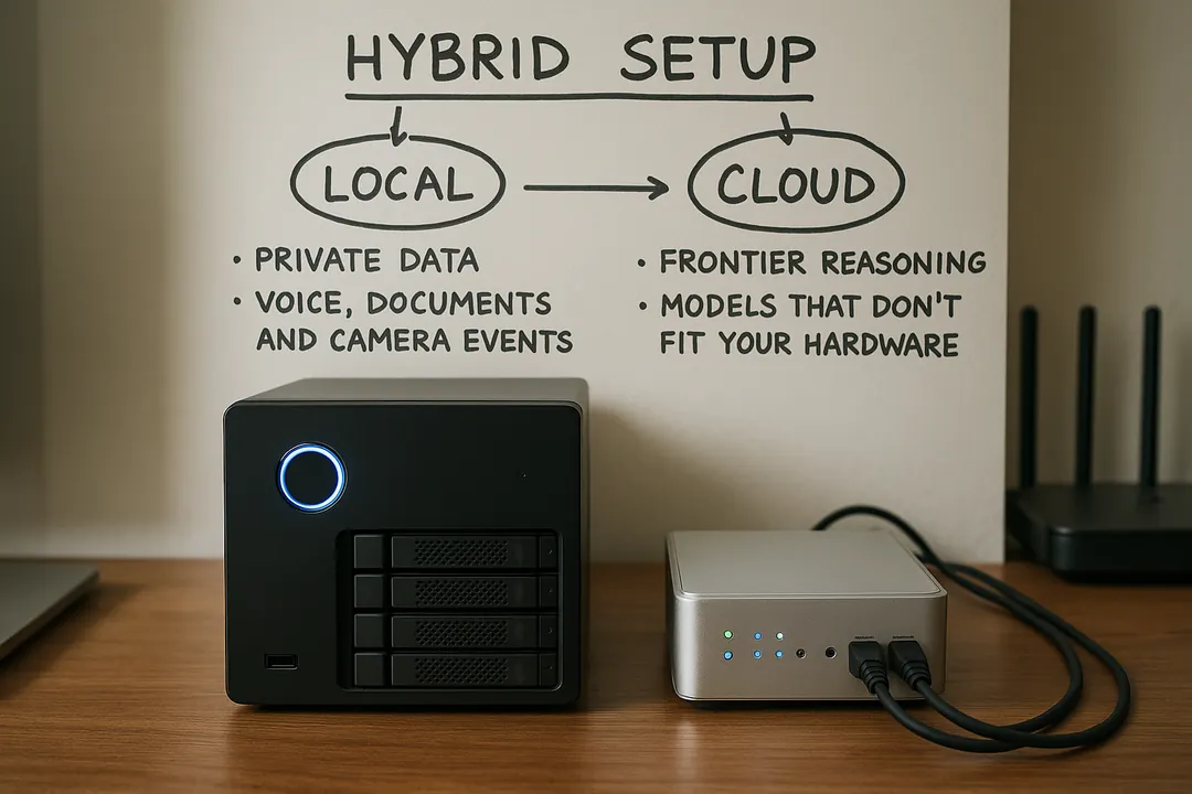 Hardware comparison showing four tiers from laptop to multi-GPU setup with proportionally sized AI model indicators