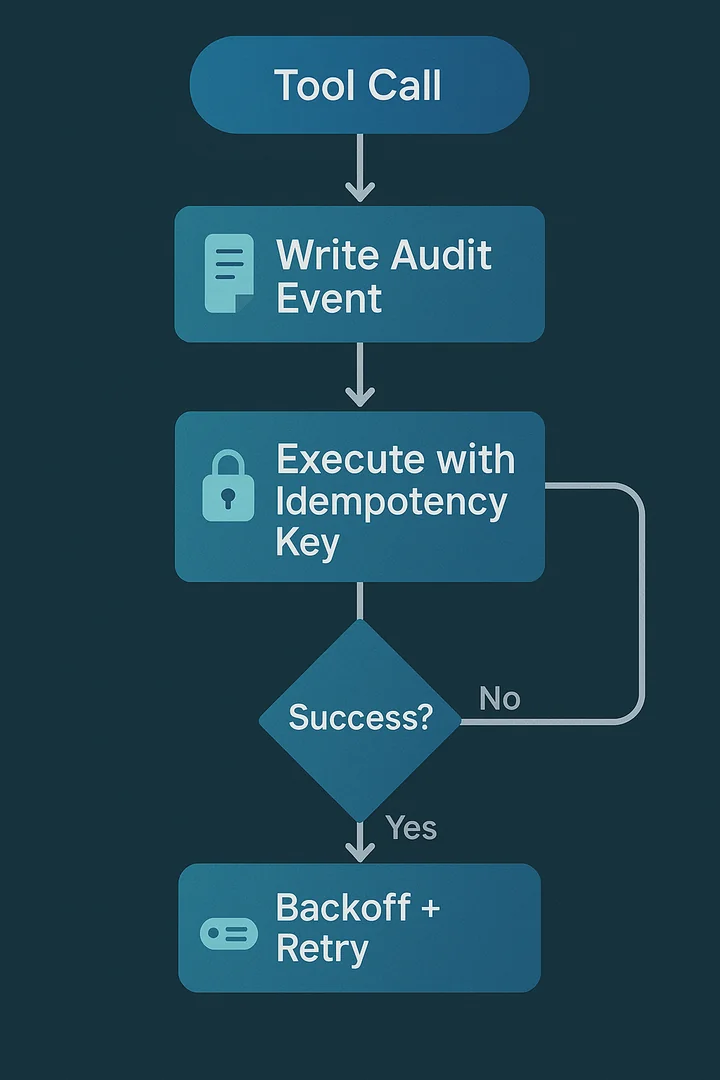 Flowchart showing audited tool call with idempotency key, retry with backoff, then success or escalation
