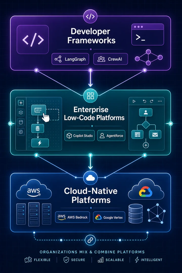 Drielaags agentic AI-stack diagram met ontwikkelaarsframeworks, enterpriseplatforms en cloudinfrastructuur