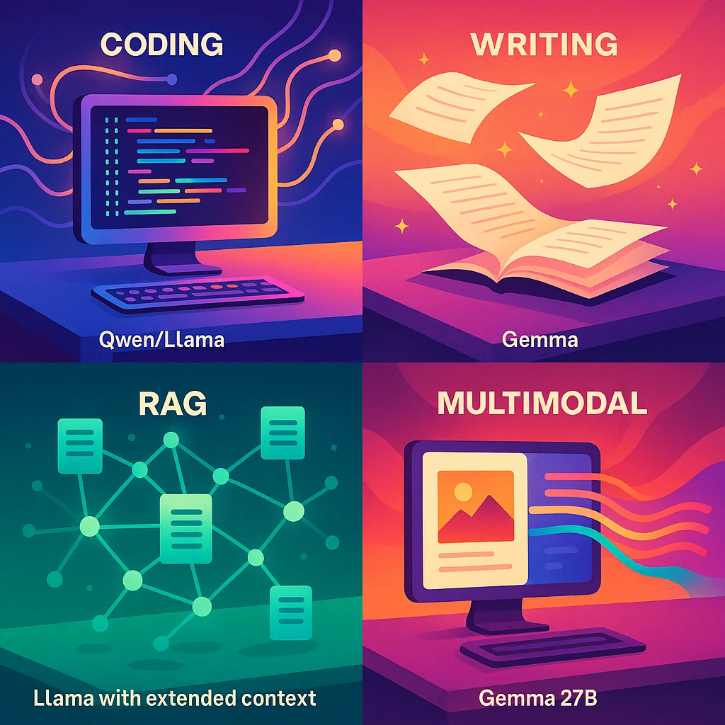 Werkruimte in vier kwadranten voor coderen, schrijven, RAG en multimodale AI-taken