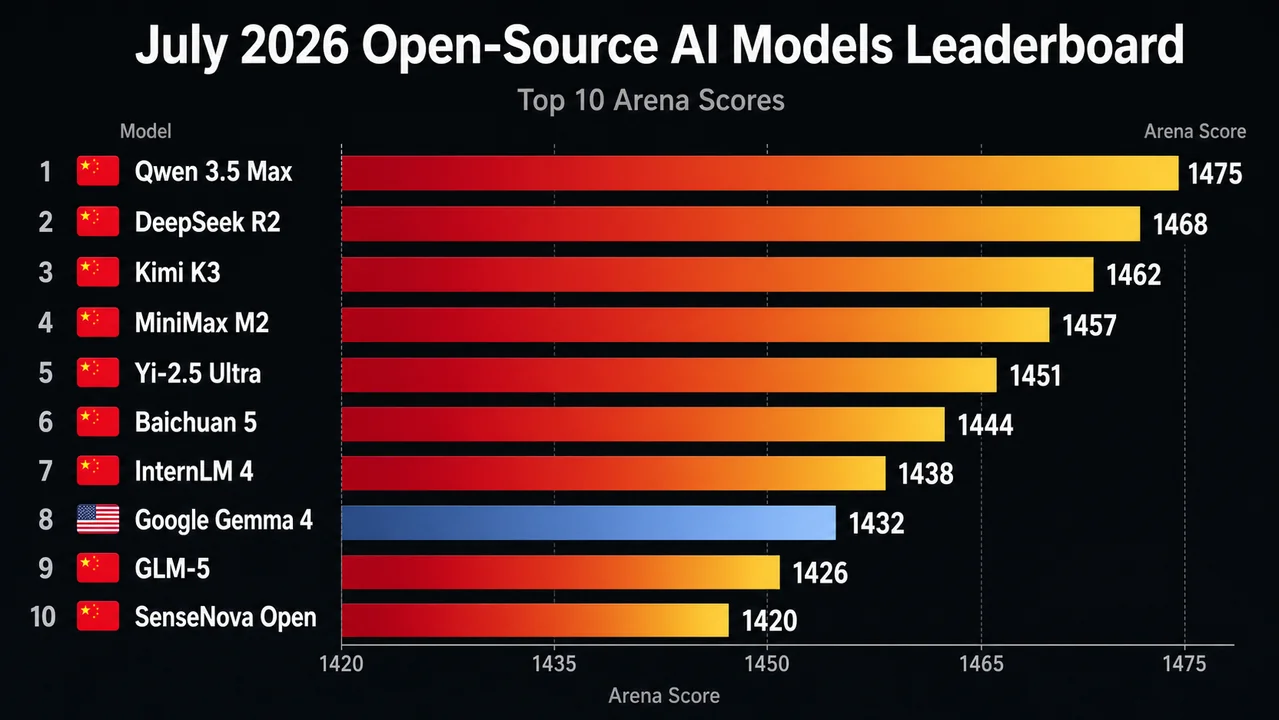 Bar chart showing top 10 AI models by Arena score, 9 Chinese models in red-gold, 1 US model in blue