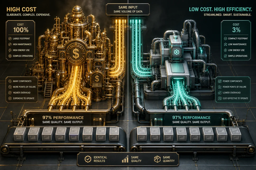 Split comparison of expensive gold pipeline versus efficient teal pipeline producing identical AI outputs