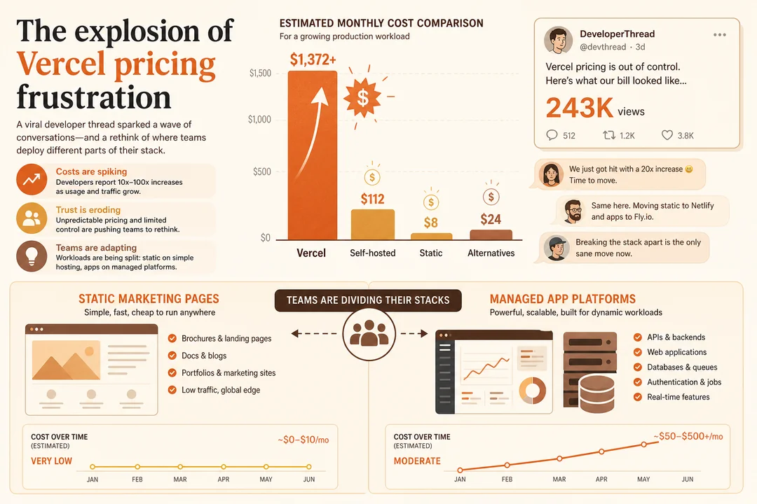 Kostenvergelijking infographic met hostingprijzen van gratis statische sites tot premium platforms