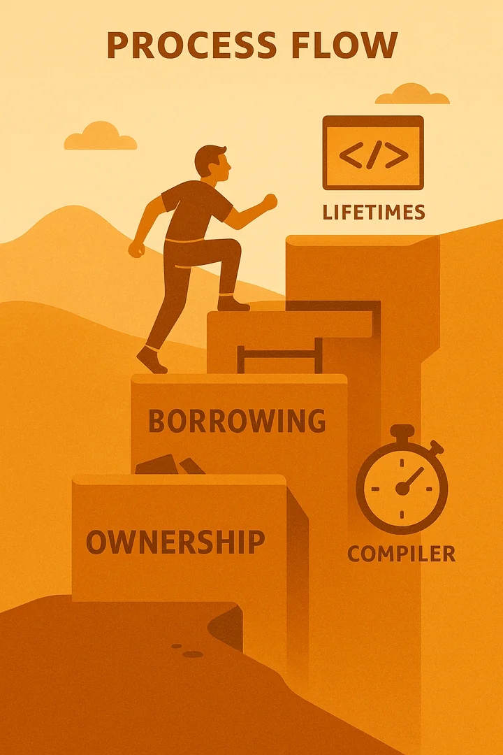 Verticaal leerpad met ontwikkelaar die Rust-concepten beklimt van ownership tot lifetimes