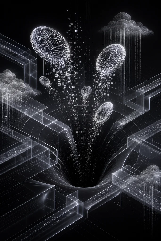 Abstract digital coins dissolving into a dark funnel, representing hidden AI costs.