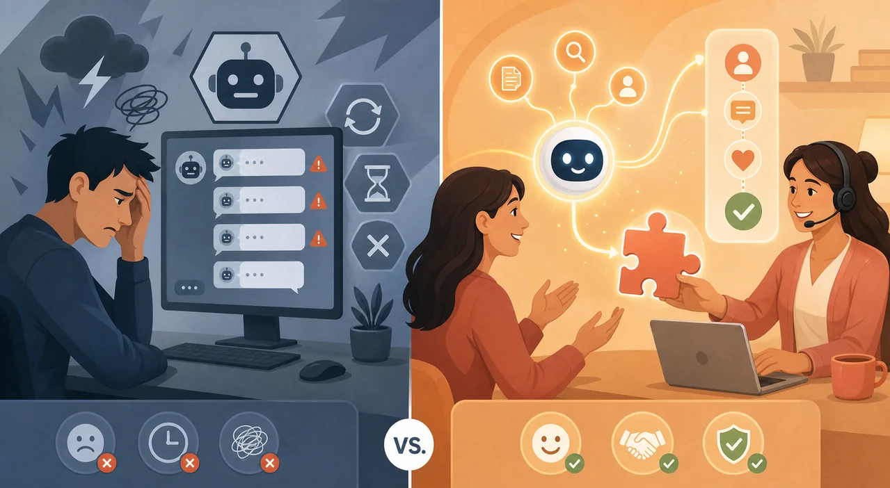 Side-by-side comparison of a frustrating AI chatbot versus a successful human-AI hybrid support team.