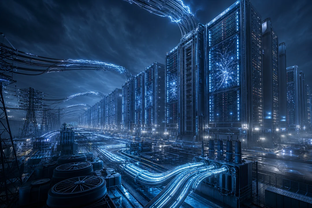 Futuristic server farm drawing massive power from a glowing electrical grid.