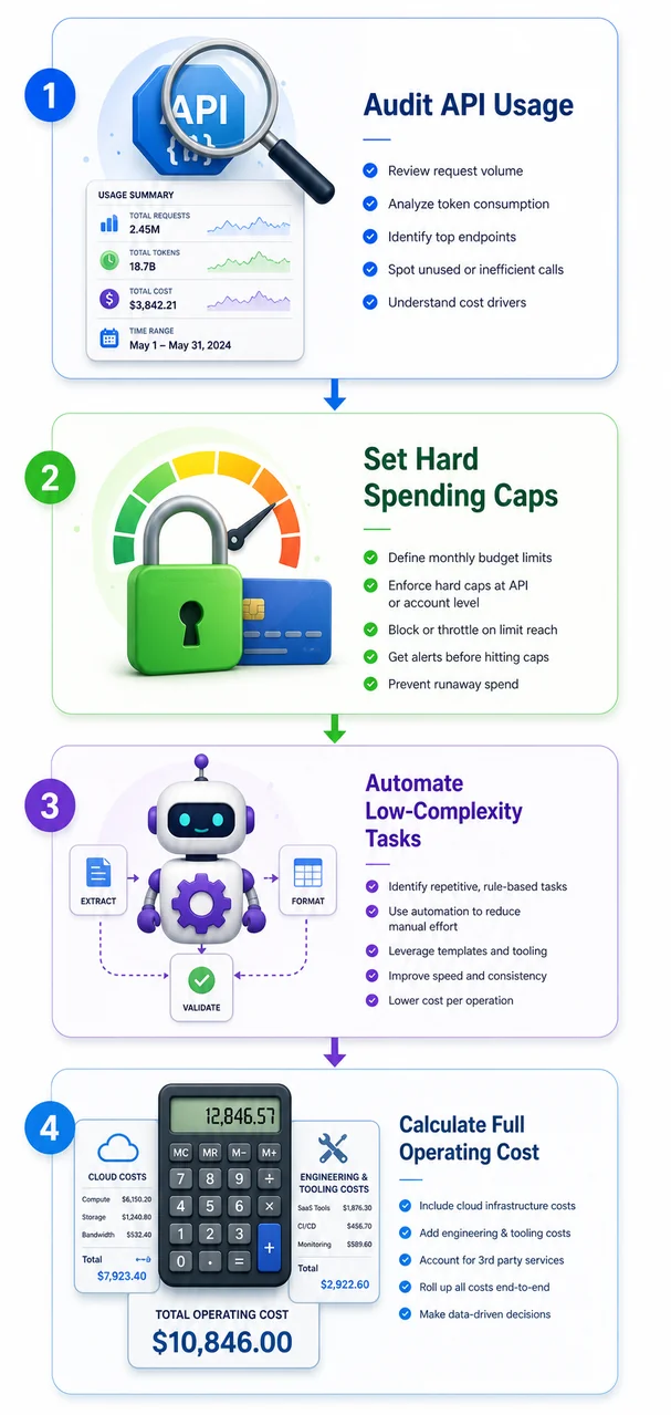 Vertical roadmap showing steps to audit API usage, set budget caps, and calculate AI costs.