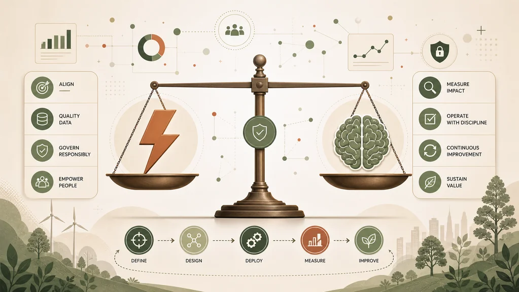 A balanced scale weighing a lightning bolt of machine speed against a human brain of judgment.